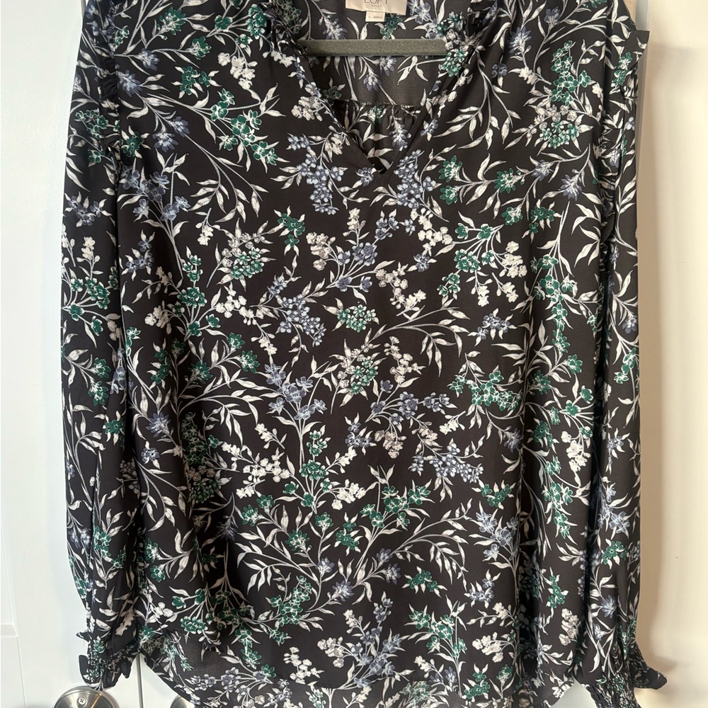 LOFT Black and Green Floral Blouse